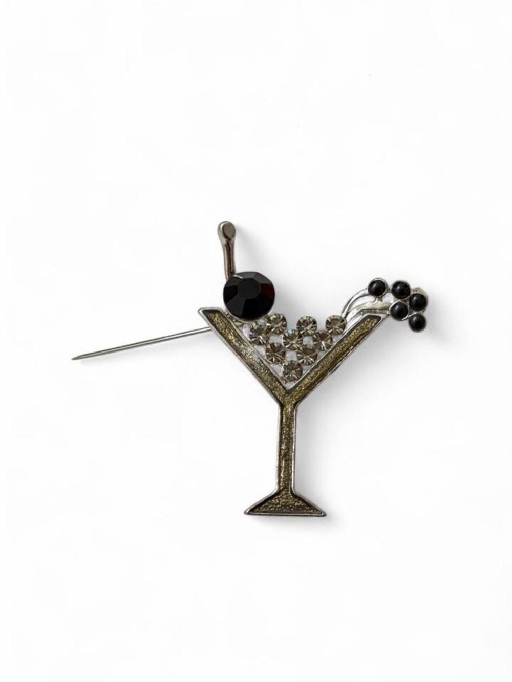 Cocktail Glass Pin Brooch - Black and Silver Sparkle